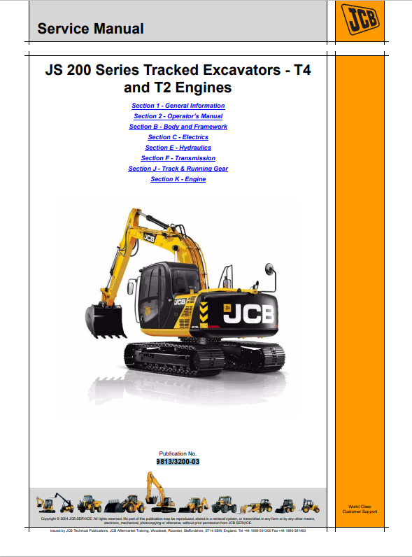 JCB JS 200 Series Tracked Excavator T4 and T2 Engine Service Manual 9813/3200-03 PDF