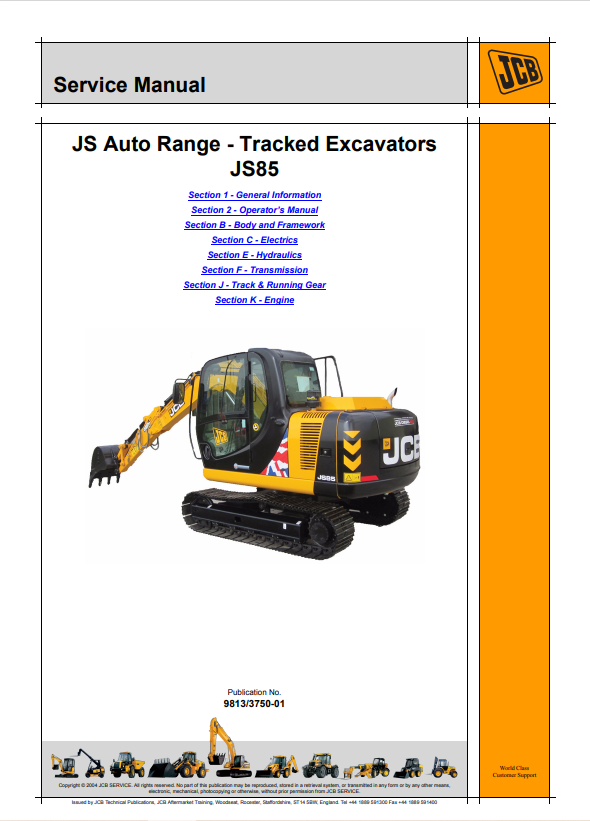 JCB JS Auto Range Tracked Excavator Service Manual 9813/3750-01 PDF