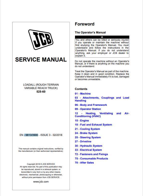 JCB Loadall 525-60 Service Manual 9813/3900 PDF
