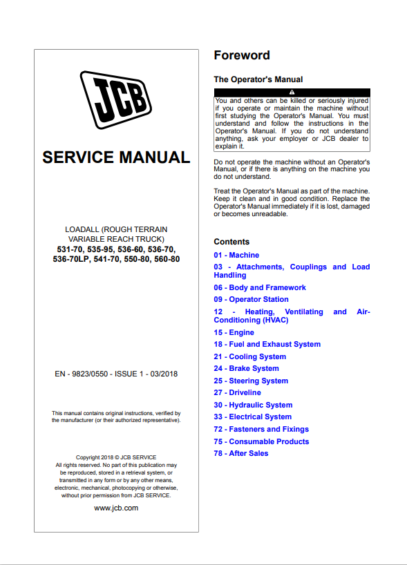 JCB Loadall 531-70, 535-95, 536-60, 536-70, 536-70LP, 541-70, 550-80, 560-80 Service Manual 9823/0550 PDF