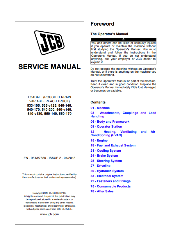 JCB Loadall 533-105, 535-v125, 540-140, 540-170, 540-200, 540-v140, 540-v180, 550-140, 550-170 Service Manual 9813/7650 PDF