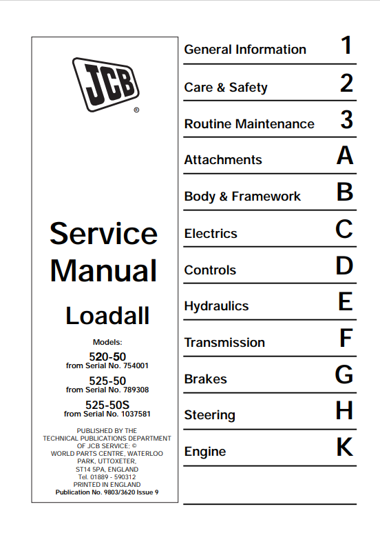 JCB Loadall Range 520-50, 525-50, 525-50S Service Manual 9803/3620 PDF