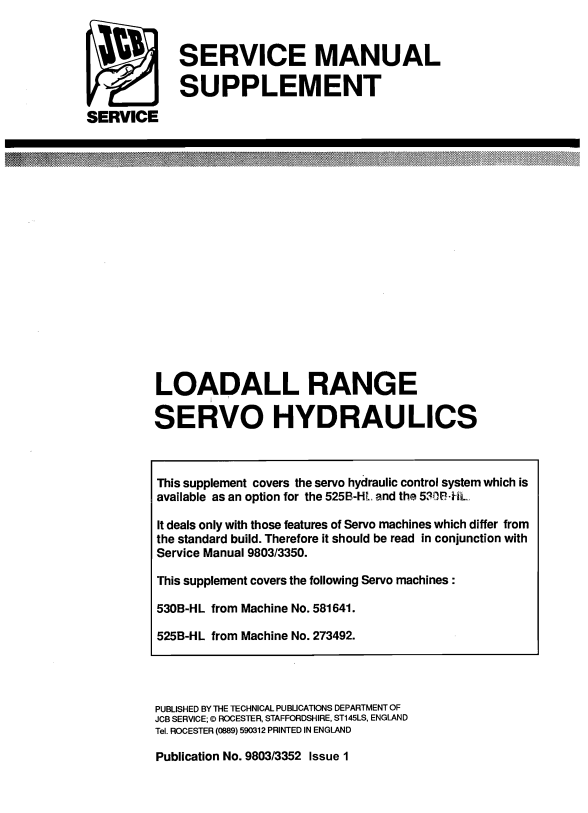 JCB Loadall Range Servo Hydraulics 525B-HL, 530B-HL Service Manual 9803/3352 PDF
