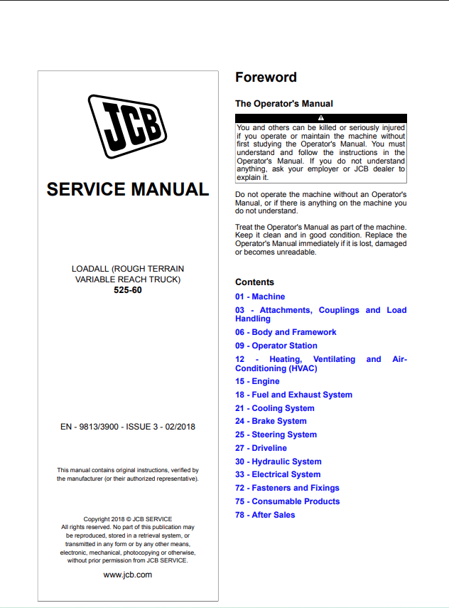 JCB Loadall Rough Terrain Variable Reach Truck 525, 60 Service Manual 9813/3900 PDF