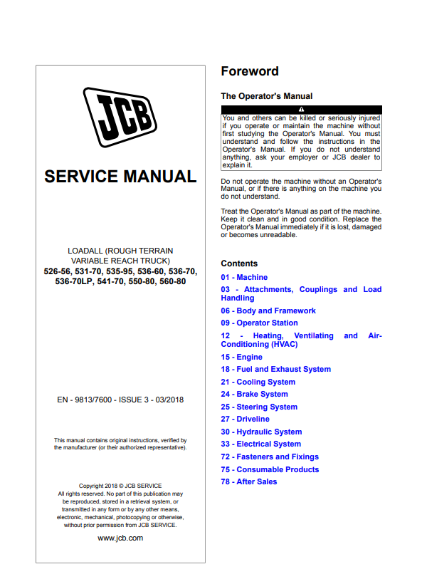 JCB Loadalls 526-56, 531-70, 535-95, 536-60, 536-70, 536-70LP, 541-70, 550-80, 560-80 Service Manual 9813/7600 PDF