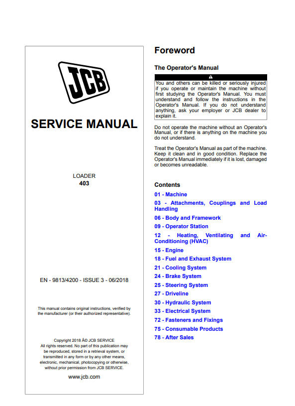 JCB Loader 403 Service Manual 9813/4200 PDF
