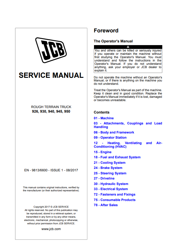 JCB Rough Terrain Truck 926, 930, 940, 945, 950 Service Manual 9813/6600 PDF 
