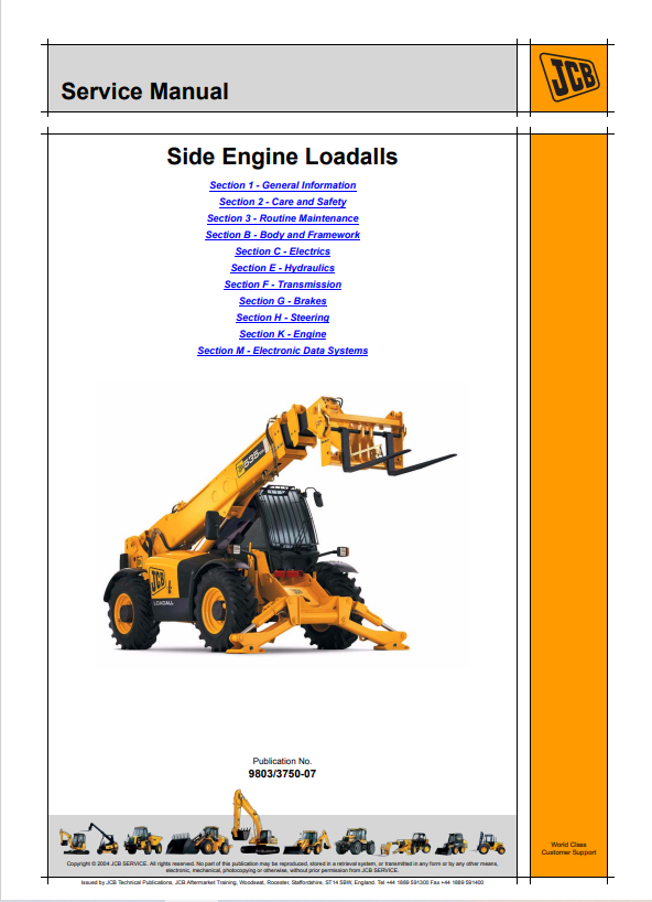 JCB Side Engine Loadall 540-170, 550-140, 540-140, 550-170, 535-125 Hi Viz, 535-140 Hi Viz Service Manual 9803/3750-07 PDF