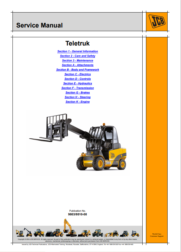 JCB Teletruk Tier 2, Tier 3 Telescopic Handler Service Manual 9803/9510-08 PDF