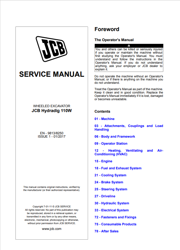 JCB Wheeled Excavator Hydradig 110W Service Manual 9813/8250 PDF