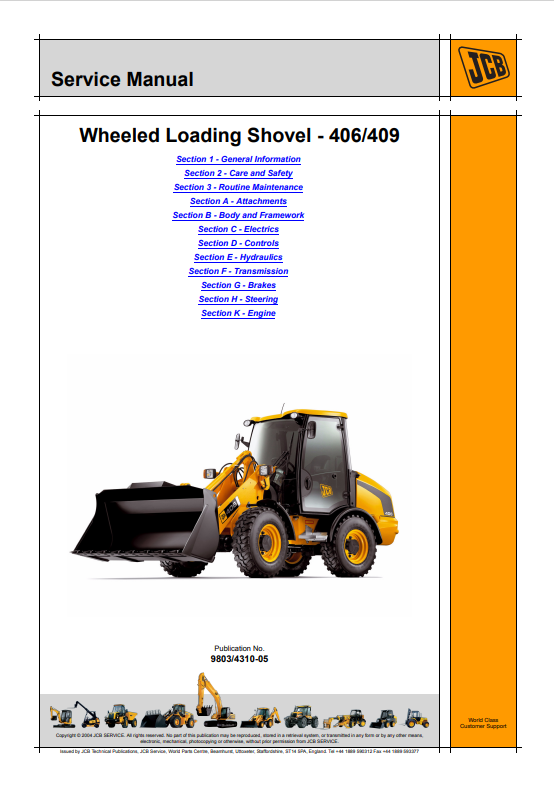 JCB Wheeled Loading Shovel 406, 409 Service Manual 9803/4310-05 PDF