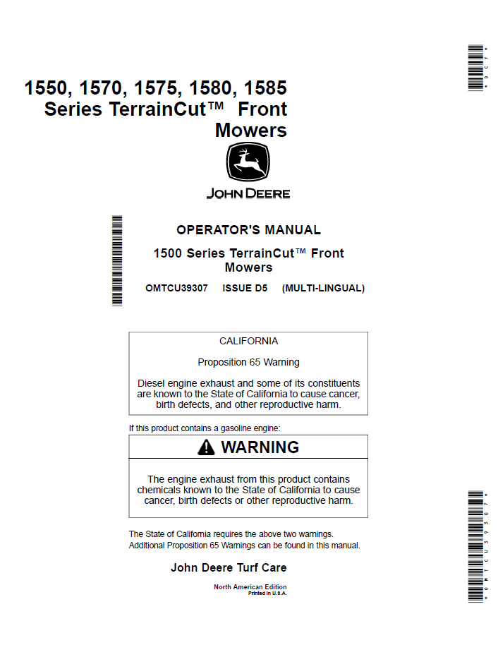 John Deere 11550, 1570, 1575, 1580, 1585 Series TerrainCut™ Front Mowers Operator Manual OMTCU39307 PDF