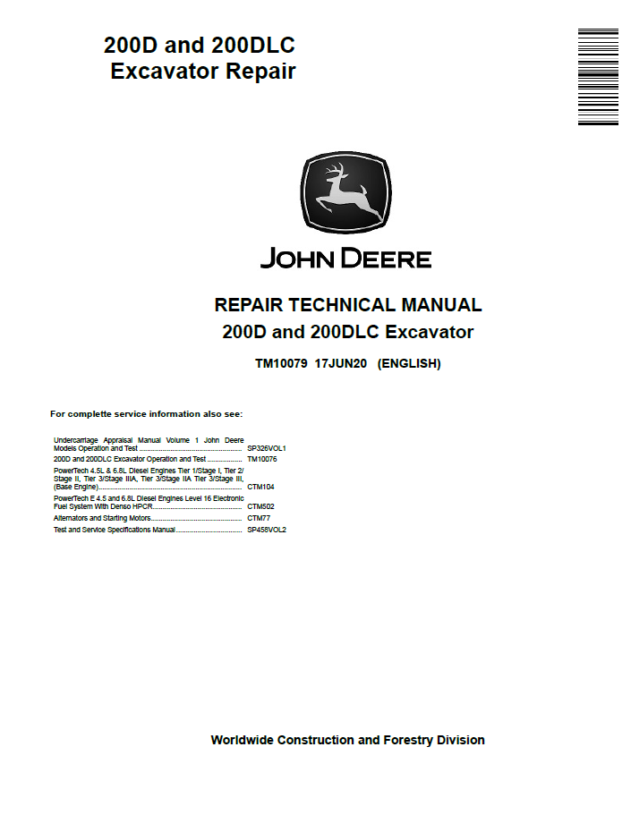 John Deere 200D and 200DLC Excavator Repair Technical Manual TM10079 PDF