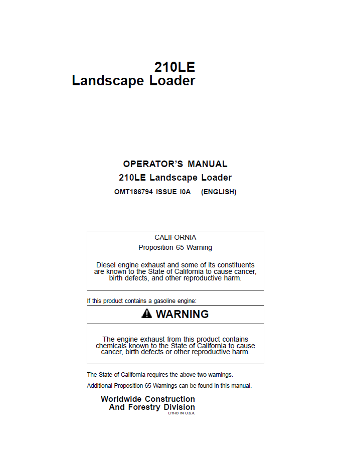 John Deere 210LE Landscape Loader Operator Manual OMT186794 PDF
