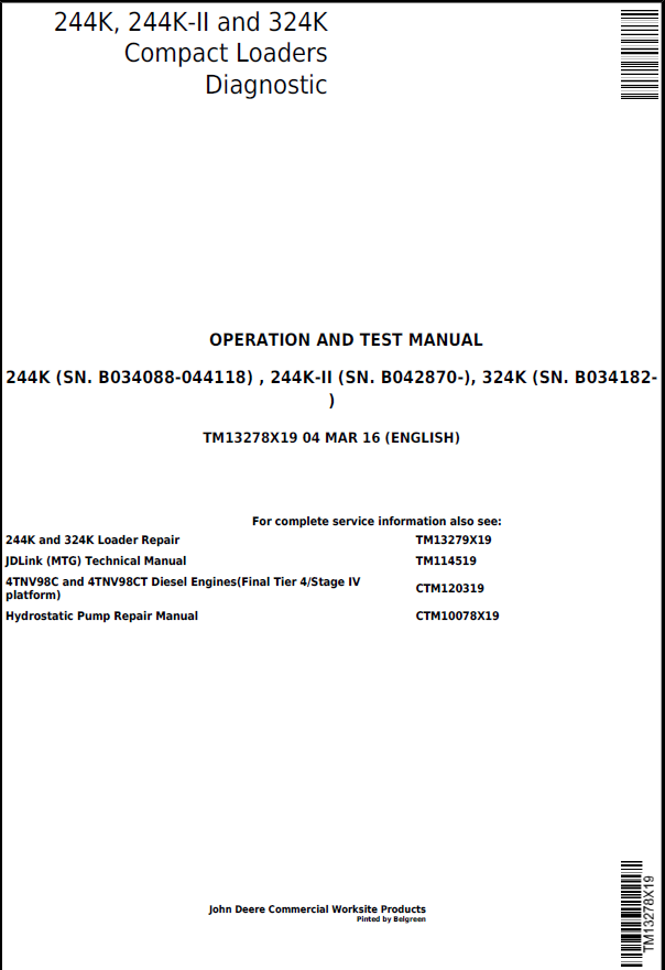 John Deere 244K, 244K-II and 324K Compact Loaders Operation and Test Manual TM13279X19 PDF 