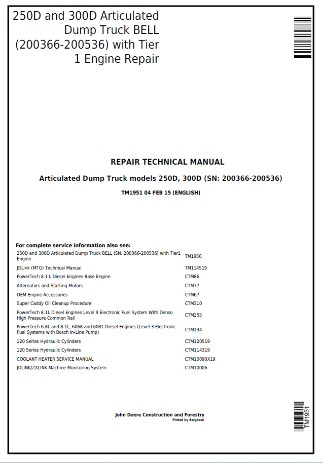 John Deere 250D and 300D Articulated Dump Truck BELL with Tier 1 Engine Repair Technical Manual TM1951 PDF
