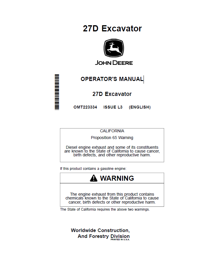 John Deere 27D Excavator Operator Manual OMT223334 PDF