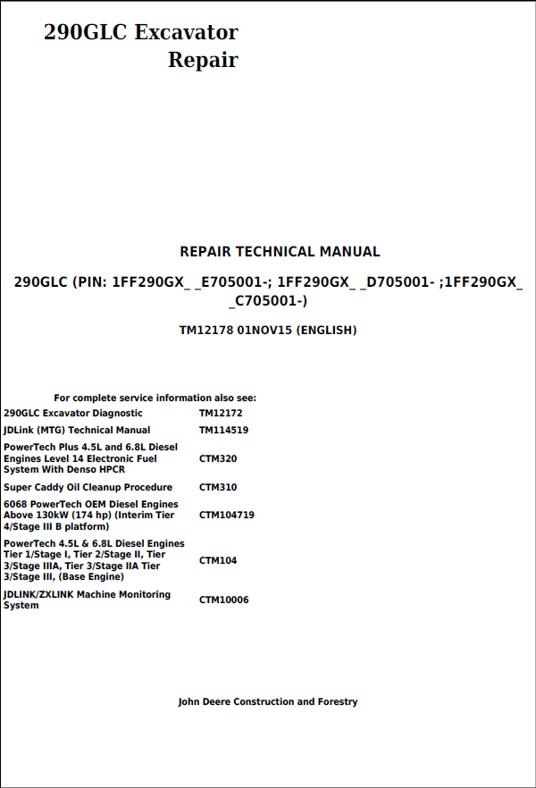 John Deere 290GLC Excavator Repair Technical Manual TM12178 PDF