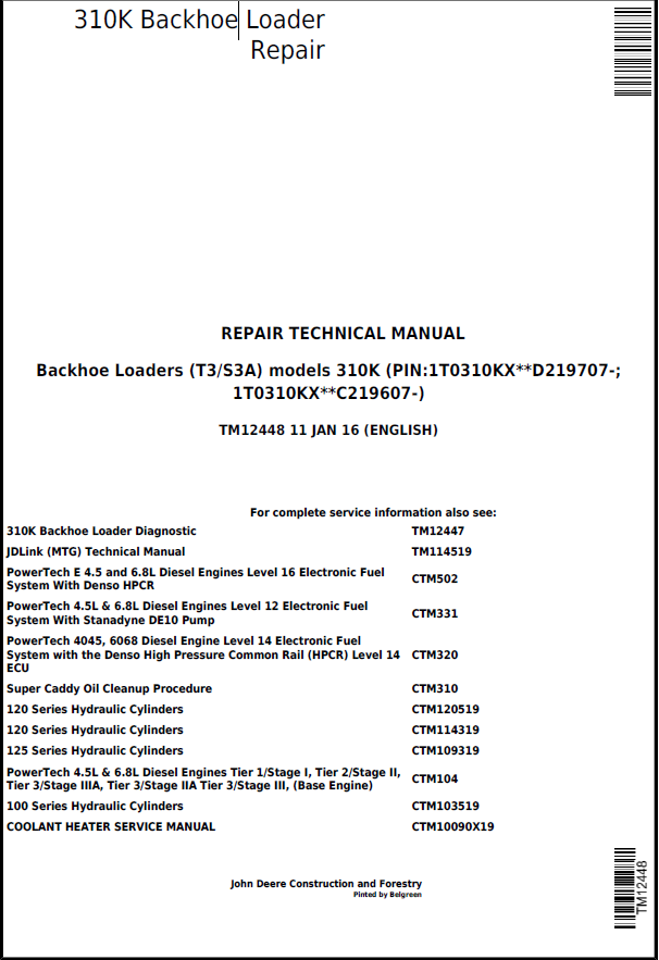John Deere 310K Backhoe Loader Repair Technical Manual TM12448 PDF