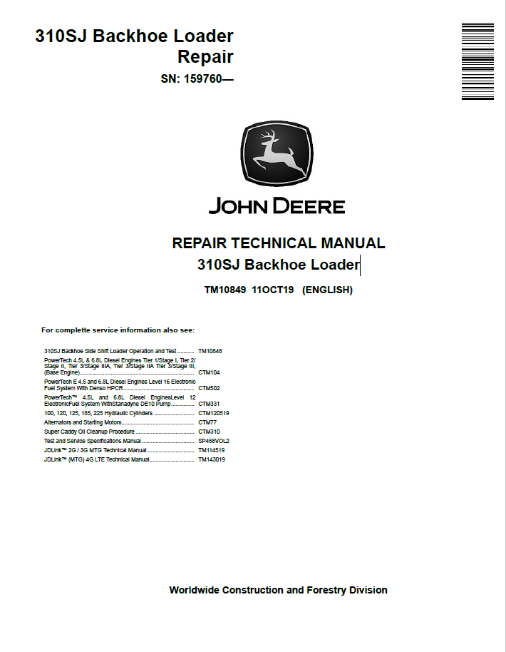 John Deere 310SJ Backhoe Loader Repair Technical Manual TM10849 PDF