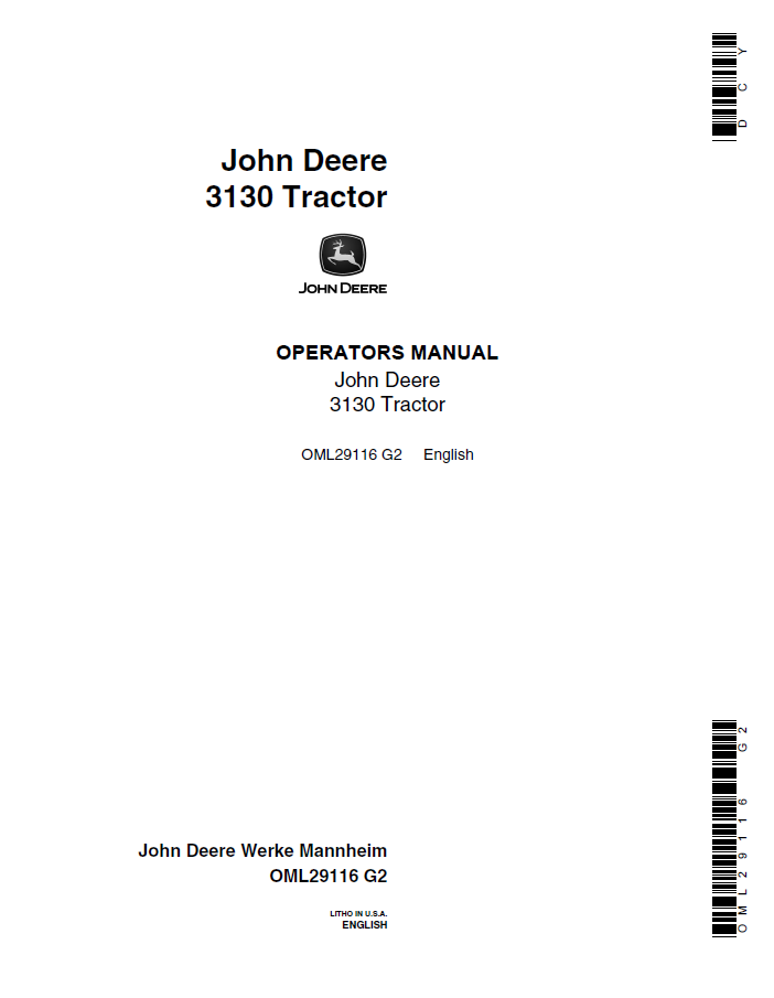 John Deere 3130 Tractor Operator Manual OML29116 PDF