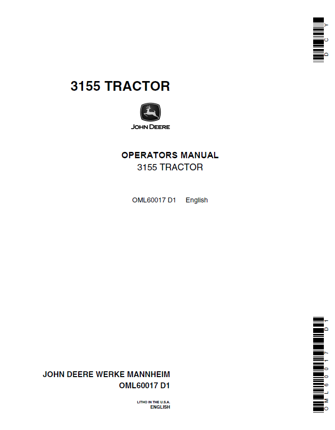 John Deere 3155 Tractor Operator Manual OML60017 PDF