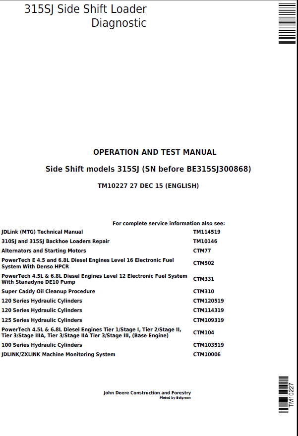 John Deere 315SJ Side Shift Loader Operation and Test Manual TM10227 PDF