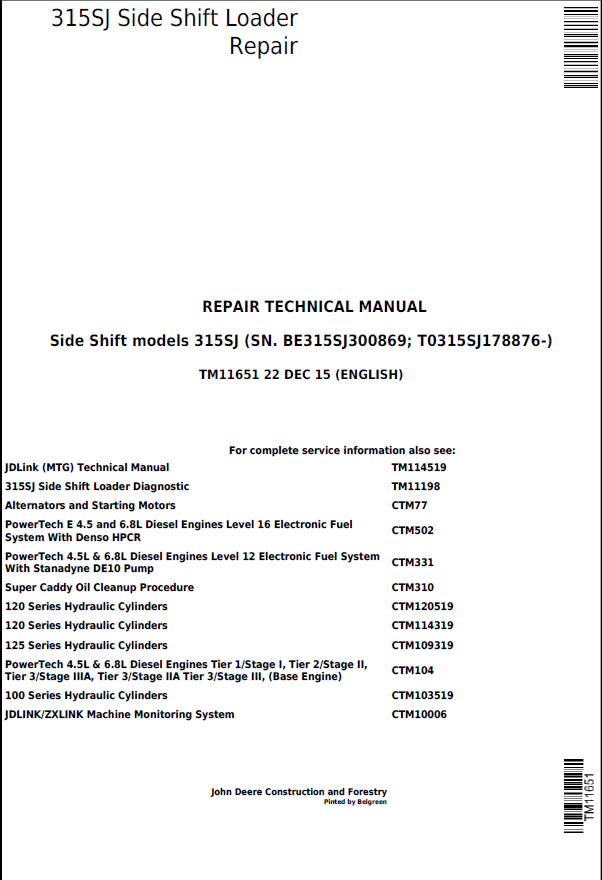 John Deere 315SJ Side Shift Loader Repair Technical Manual TM11651 PDF