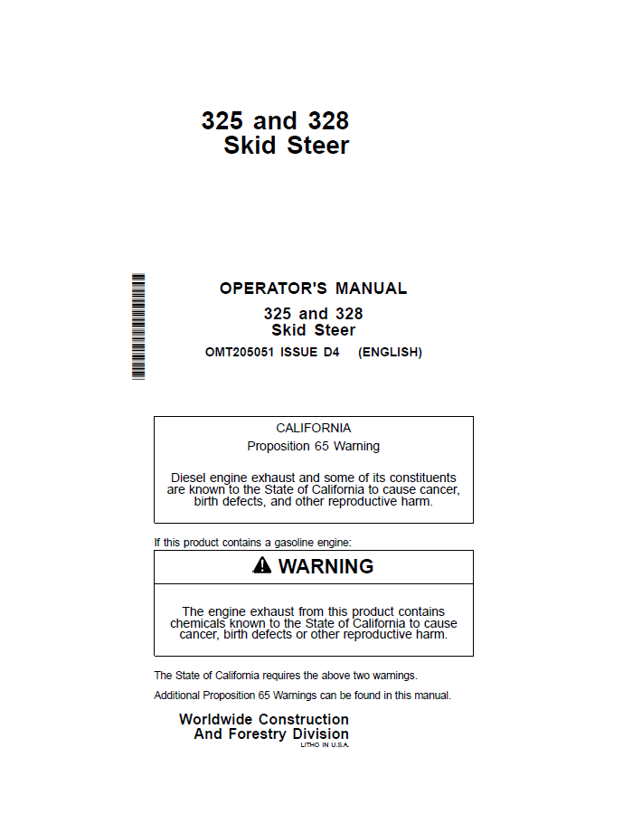 John Deere 325 and 328 Skid Steer Operator Manual OMT205051 PDF