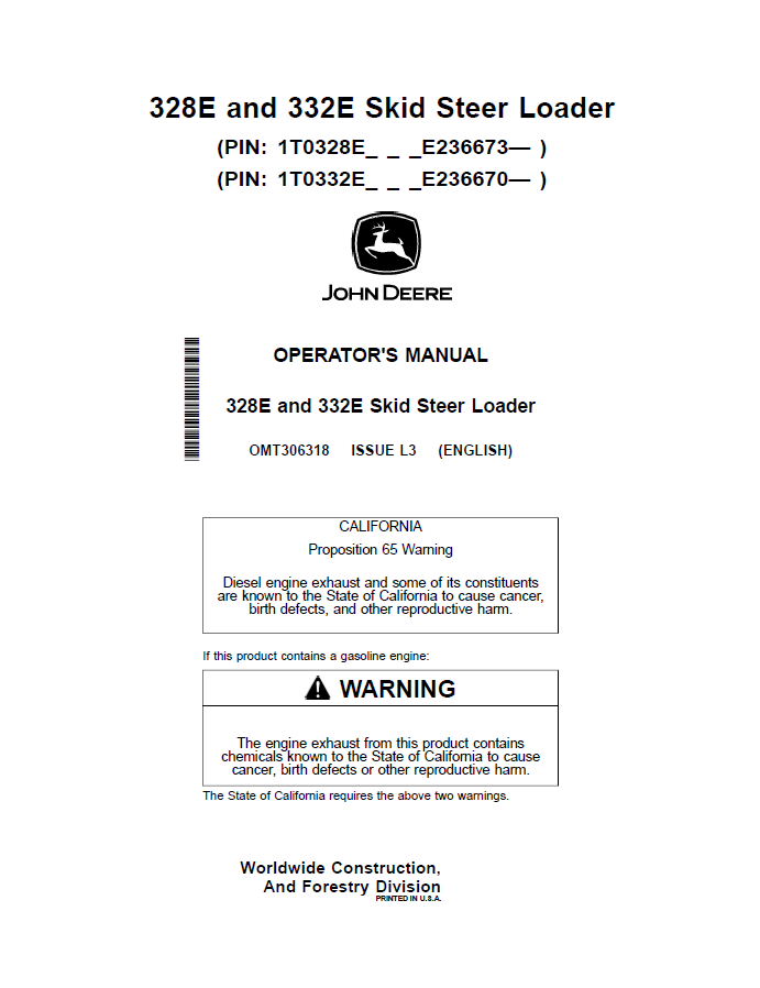 John Deere 328E and 332E Skid Steer Loader Operator Manual OMT306318 PDF