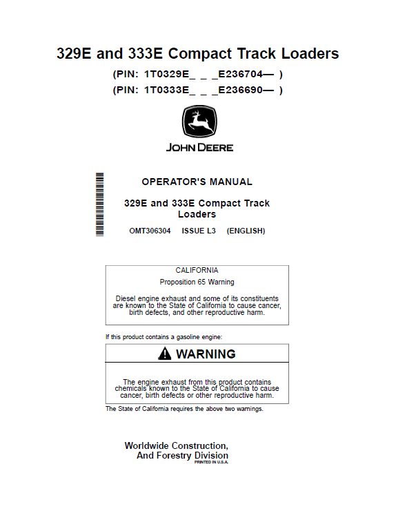 John Deere 329E and 333E Compact Track Loaders Operator Manual OMT306304 PDF