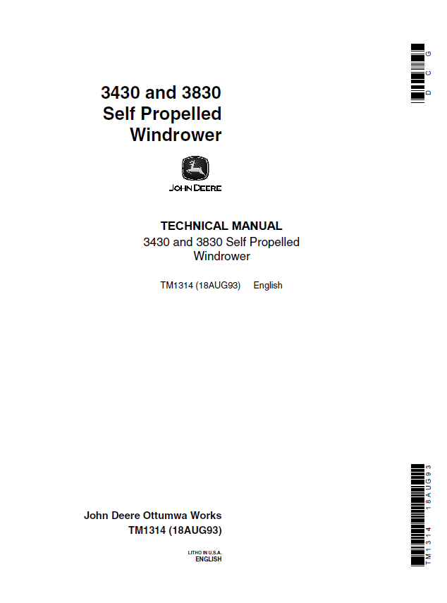 John Deere 3430 and 3830 Self Propelled Windrower Technical Manual TM1314 PDF