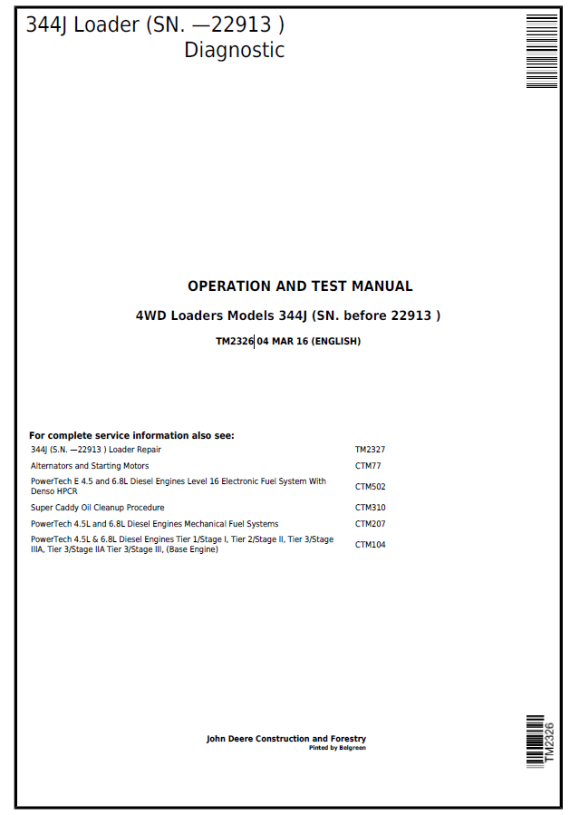 John Deere 344J Loader Diagnostic Operation and Test Manual TM2326 PDF

