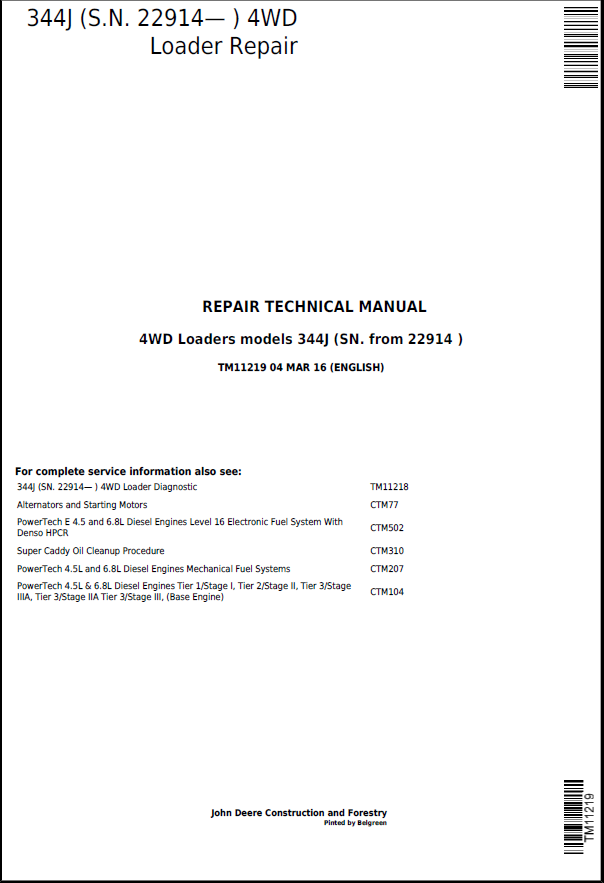 John Deere 344J Loader Repair Technical Manual TM11219 PDF