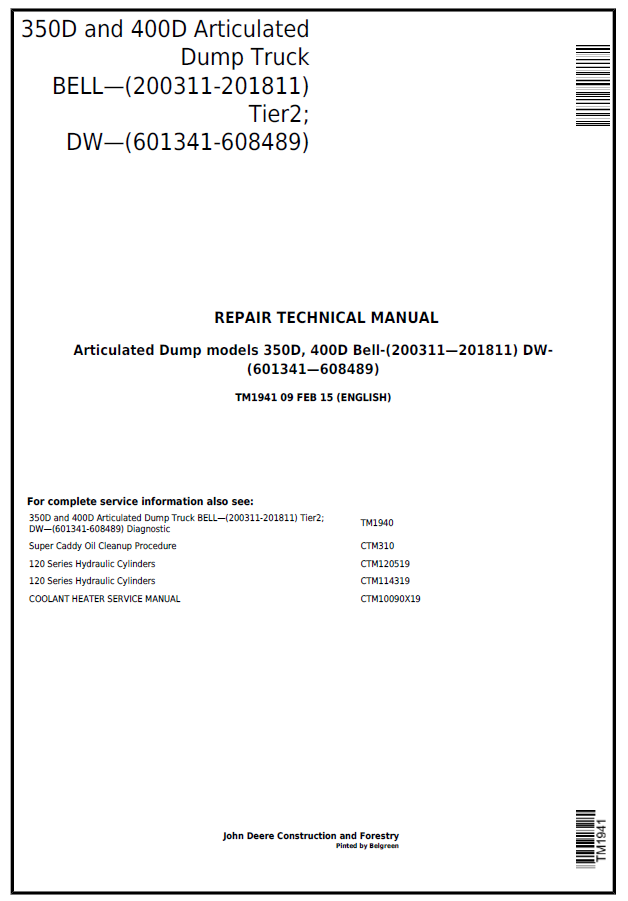 John Deere 350D and 400D Articulated Dump Truck BELL Repair Technical Manual TM1941 PDF
