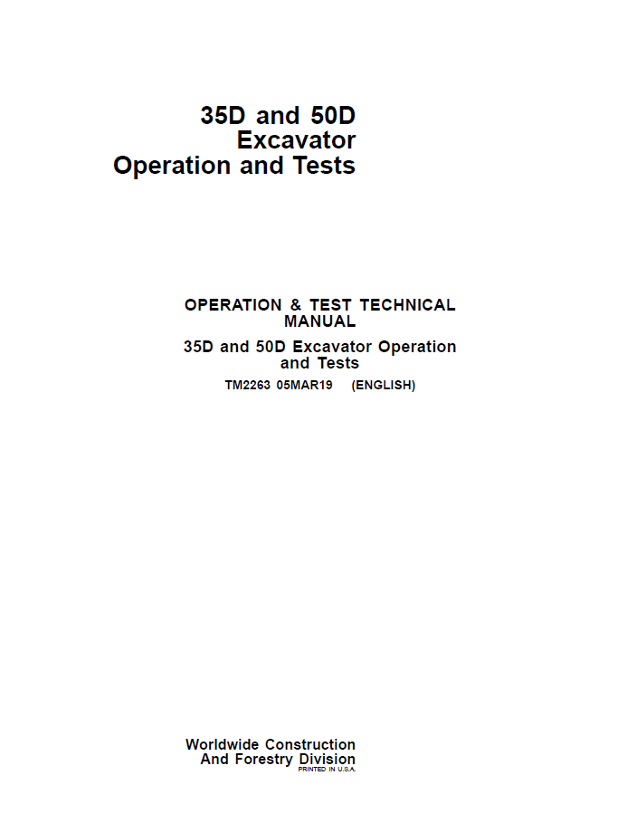John Deere 35D and 50D Excavator Operation and Test Technical Manual TM2263 PDF 