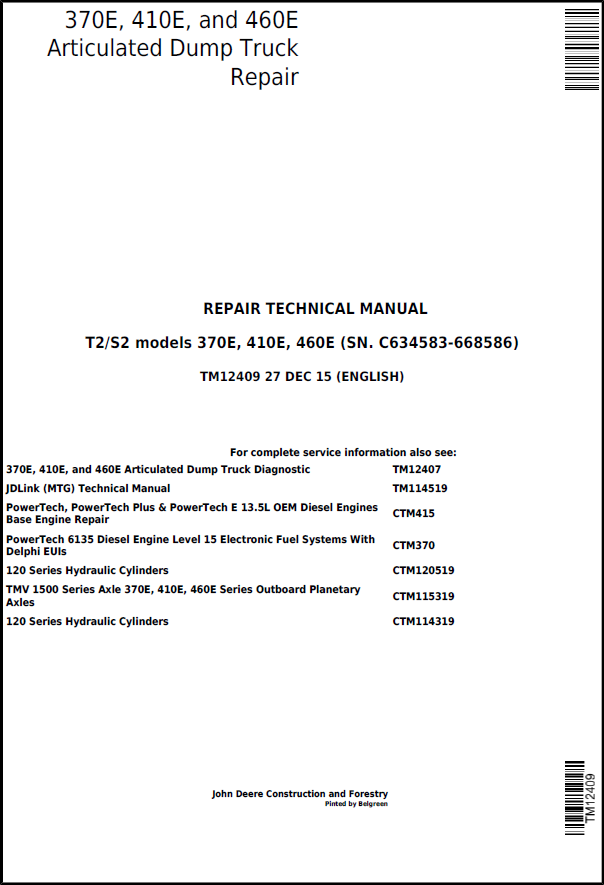 John Deere 370E, 410E, and 460E Articulated Dump Truck Repair Technical Manual TM12409 PDF