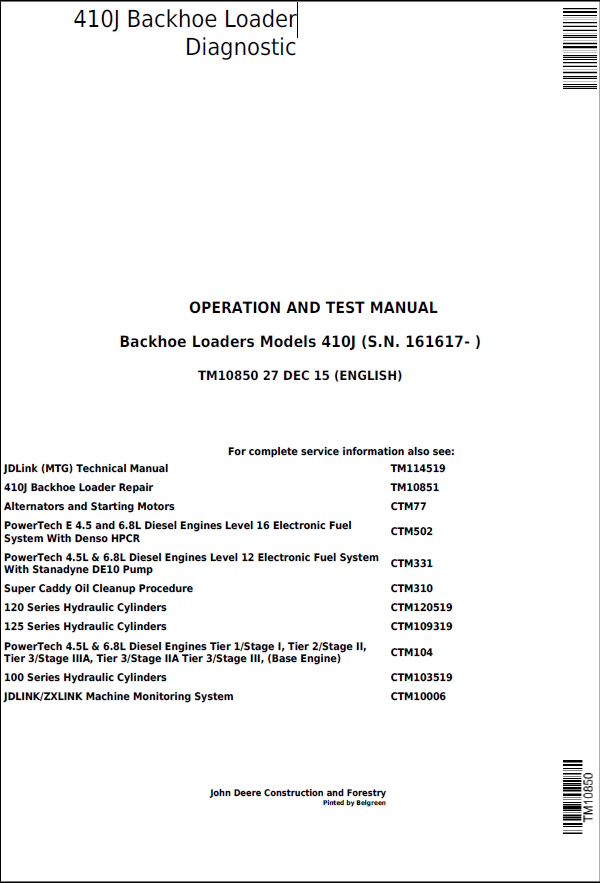 John Deere 410J Backhoe Loader Operation and Test Manual TM10850 PDF