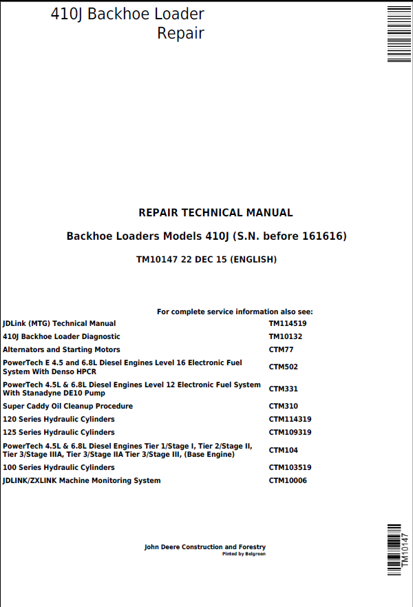 John Deere 410J Backhoe Loader Repair Technical Manual TM10147 PDF