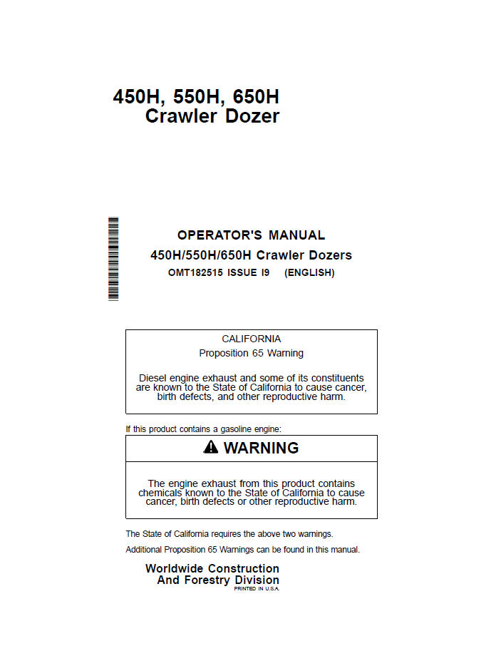 John Deere 450H/550H/650H Crawler Dozers Operator Manual OMT182515 PDF