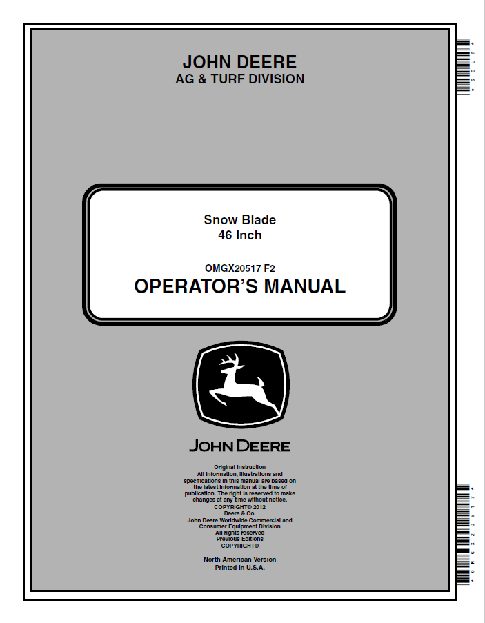 John Deere 46 Inch Snow Blade Operator Manual OMGX20517 PDF 