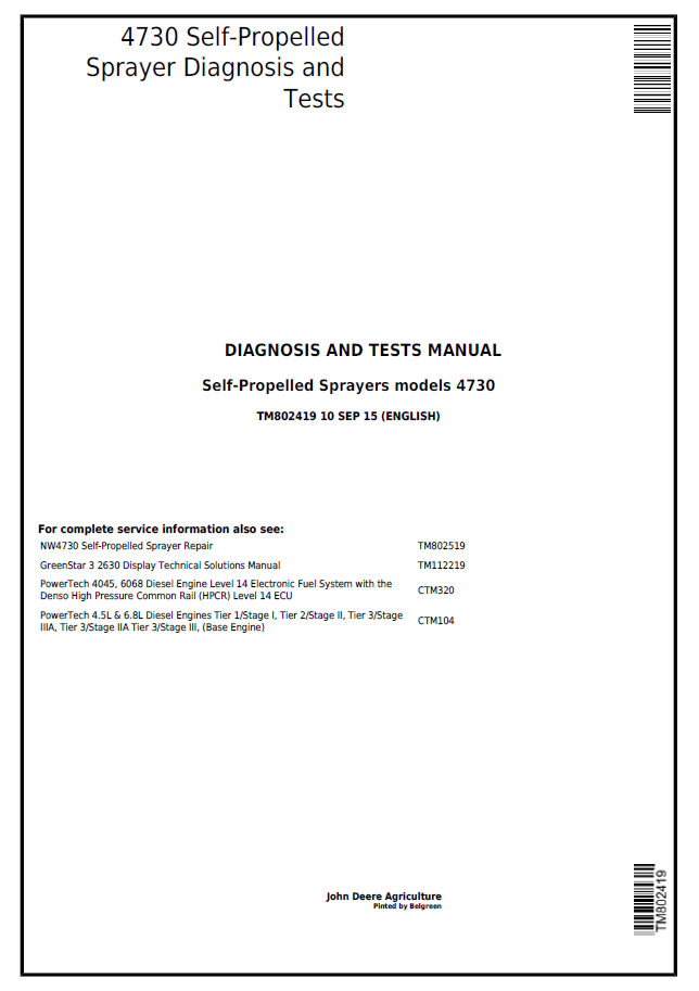 John Deere 4730 Self-Propelled Sprayer Diagnosis and Tests Manual TM802419 PDF