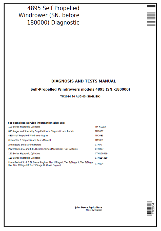 John Deere 4895 Self Propelled Windrower Diagnosis and test Manual TM2034 PDF