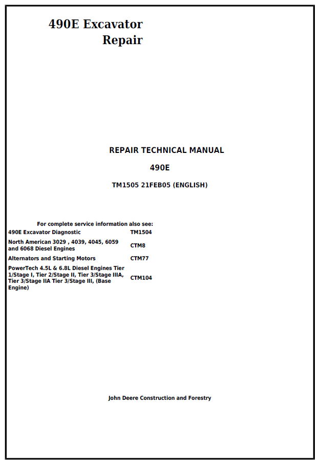 John Deere 490E Excavator Repair Technical Manual TM1505 PDF