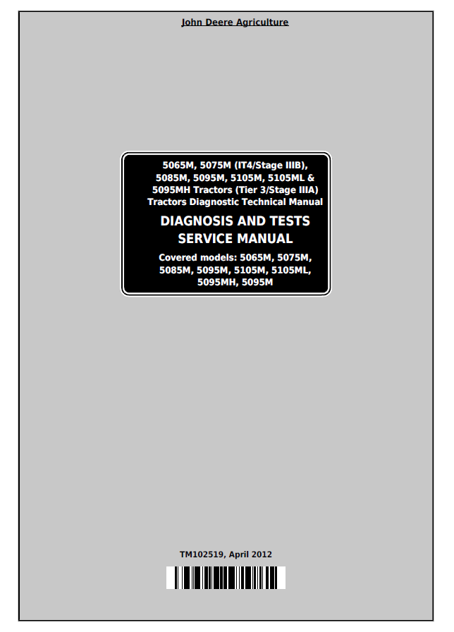 John Deere 5065M, 5075M, 5085M, 5095M, 5105M, 5105ML & 5095MH Tractor Diagnosis and Test Service Manual TM102519 PDF