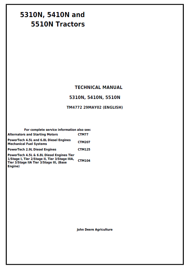 John Deere 5310N, 5410N, 5510N Tractor Technical Manual TM4772 PDF