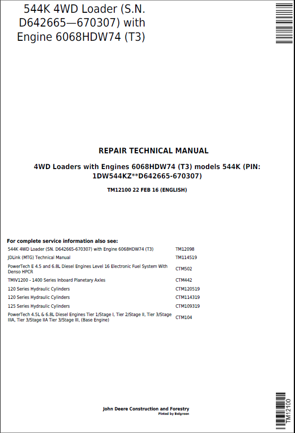 John Deere 544K 4WD Loader Repair Technical Manual TM12100 PDF