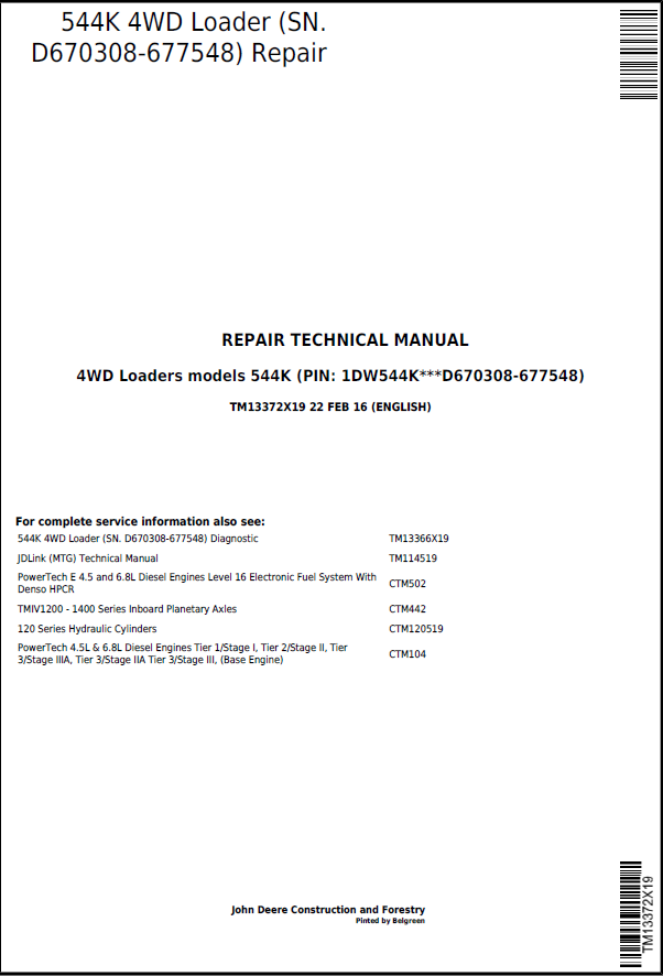 John Deere 544K 4WD Loader Repair Technical Manual TM13372X19 PDF 