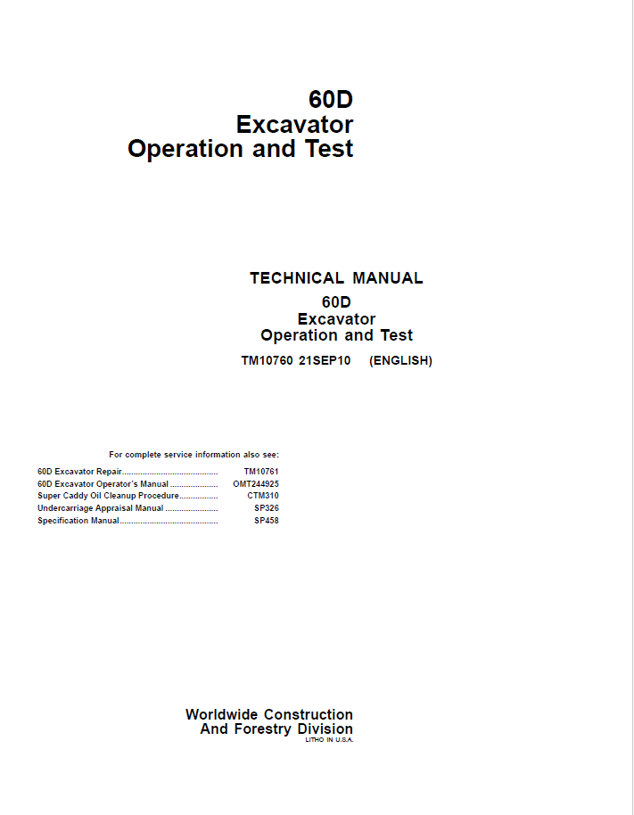 John Deere 60D Excavator Technical Manual TM10760 PDF