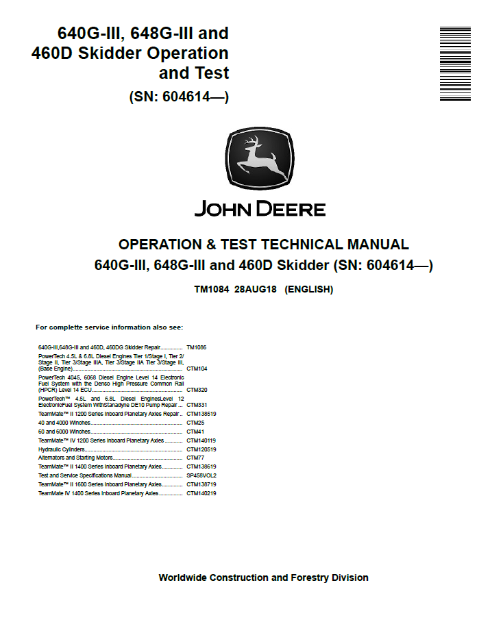 John Deere 640G-III, 648G-III and 460D Skidder Operation And Test Technical Manual TM1084 PDF
